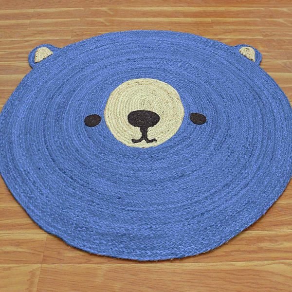 Hand Braided Blue Round Animal Jute Kids Rug - Image 3
