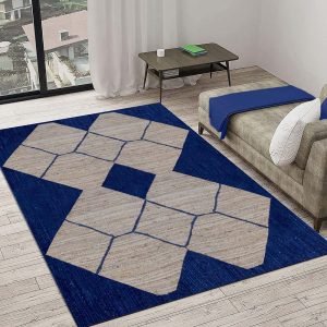 Beige Blue Geometric Hand-Braided Jute Rug