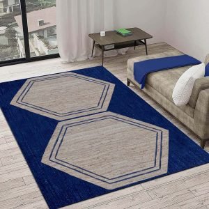 Beige Blue Geometric Area Jute Rug