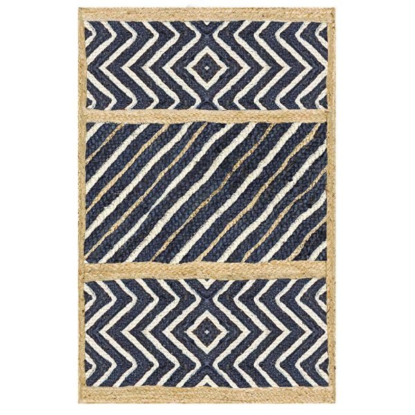 Blue Beige Hand Braided Geometric Jute Rug