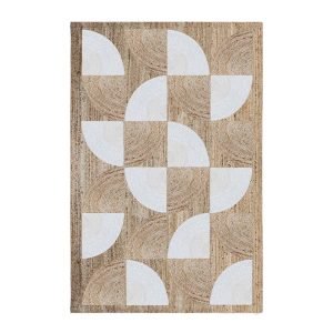 White Beige Geometric Hand Braided Jute Rug