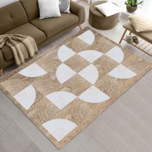 White Beige Geometric Hand Braided Jute Rug