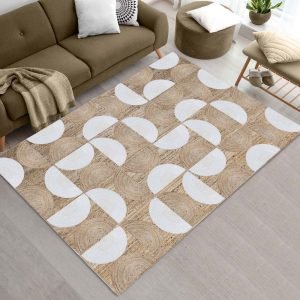 White Beige Handmade Geometric Jute Yoga Rug