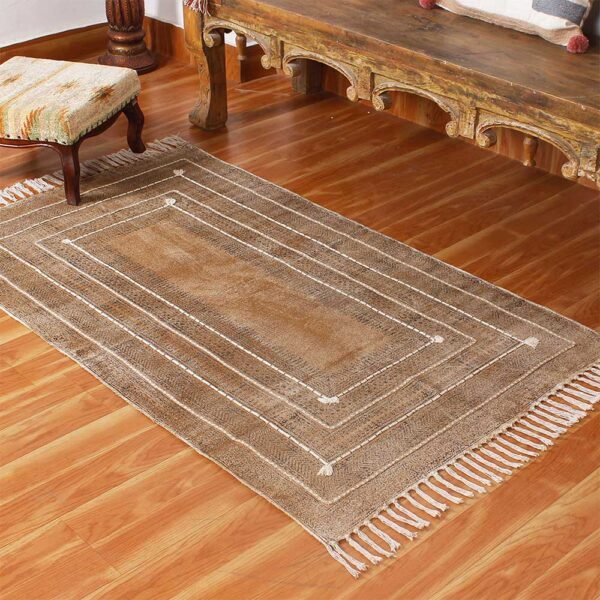 Hand Block Printed Thread Work Cotton Brown Area Rugs - Image 3