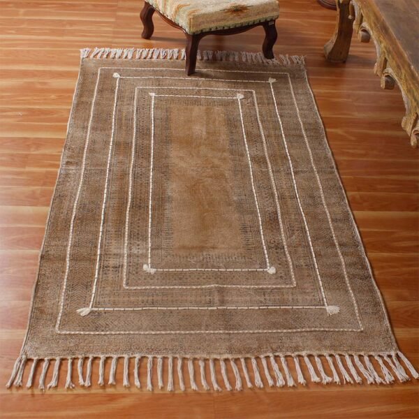 Hand Block Printed Thread Work Cotton Brown Area Rugs - Image 2