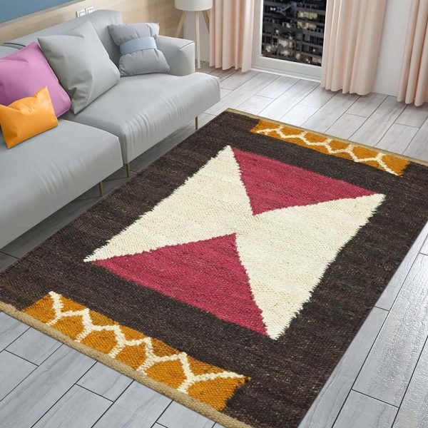 Brown White Hand Woven Geometric Jute  Rug - Image 2