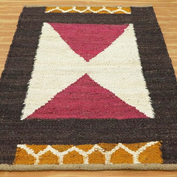 Brown White Hand Woven Geometric Jute  Rug - Image 3