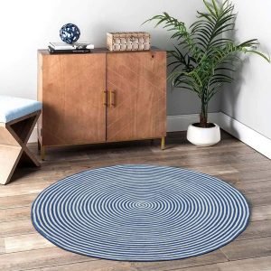 Blue Hand Braided Striped Round cotton and Jute Rug