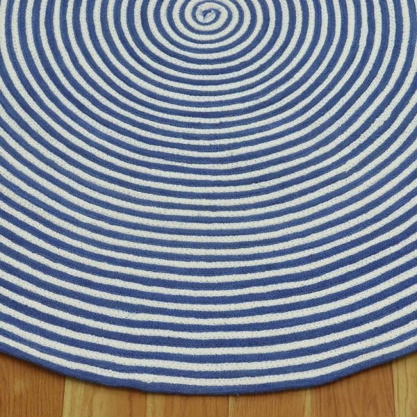 Blue Hand Braided Striped Round cotton and Jute Rug - Image 3