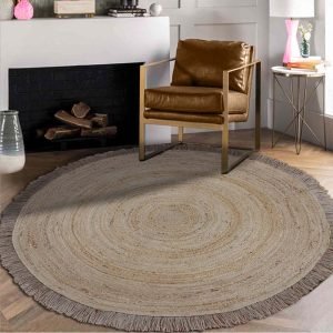 Round Beige Hand Braided Geometric Jute Rug