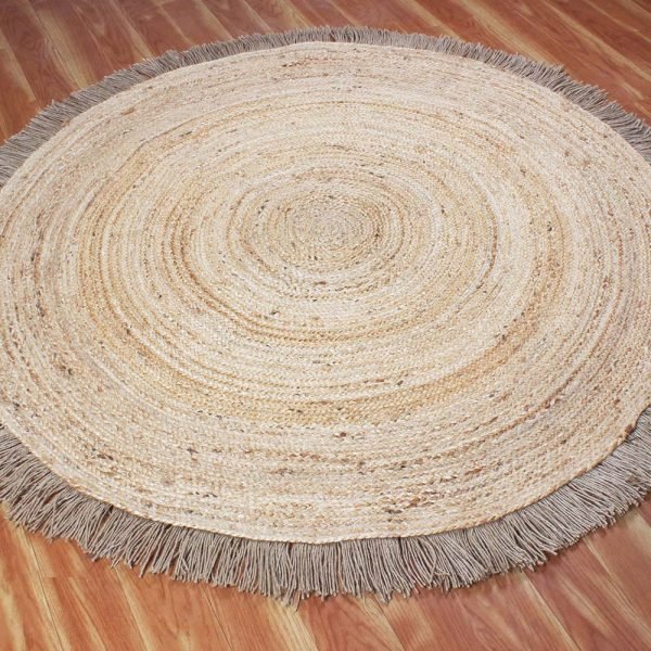 Round Beige Hand Braided Geometric Jute Rug - Image 3