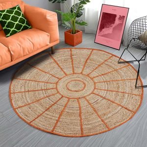 Round Beige Orange Bordered Handmade Jute Rug