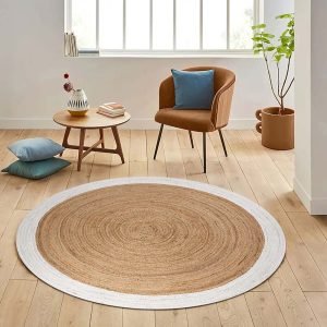 Beige White Bordered Hand Braided Jute Rug