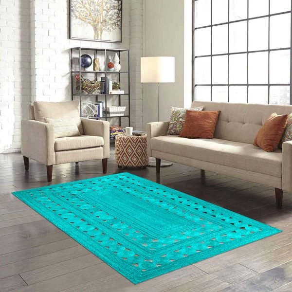 Large Indian Hand Braided Turquoise Jute Area Rug - Image 2