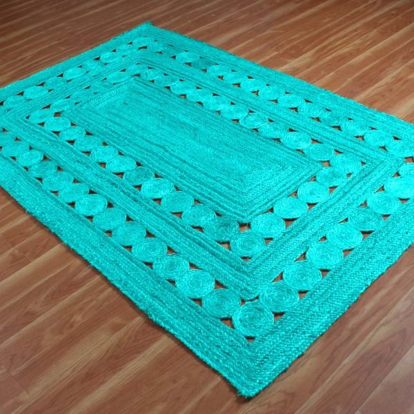 Large Indian Hand Braided Turquoise Jute Area Rug - Image 3