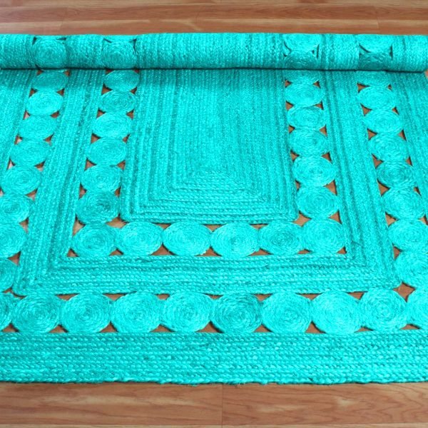 Large Indian Hand Braided Turquoise Jute Area Rug - Image 5