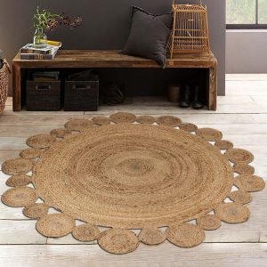 Beige Scalloped Rug Hand Braided Jute Round Rug