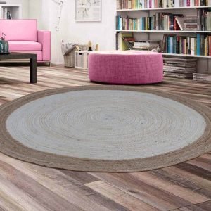 Beige White Hand Braided Jute Round Area Rug