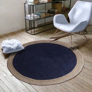 Blue Hand Braided Beige Bordered Jute Rug