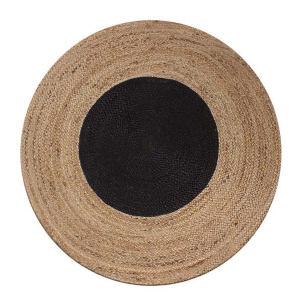 Round Hand Braided Jute Beige Black Area Rug