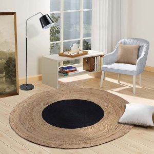 Round Hand Braided Jute Beige Black Area Rug