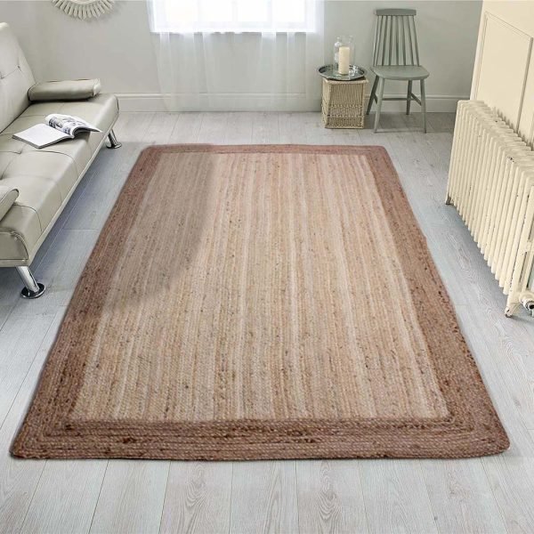 Hand Braided Bordered White Beige Jute Rug - Image 2