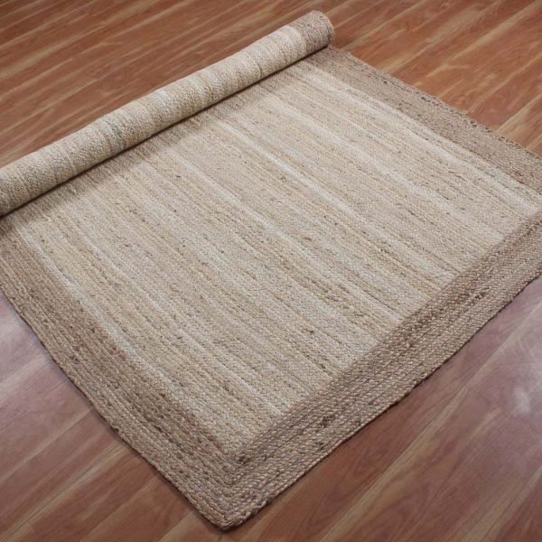 Hand Braided Bordered White Beige Jute Rug - Image 3