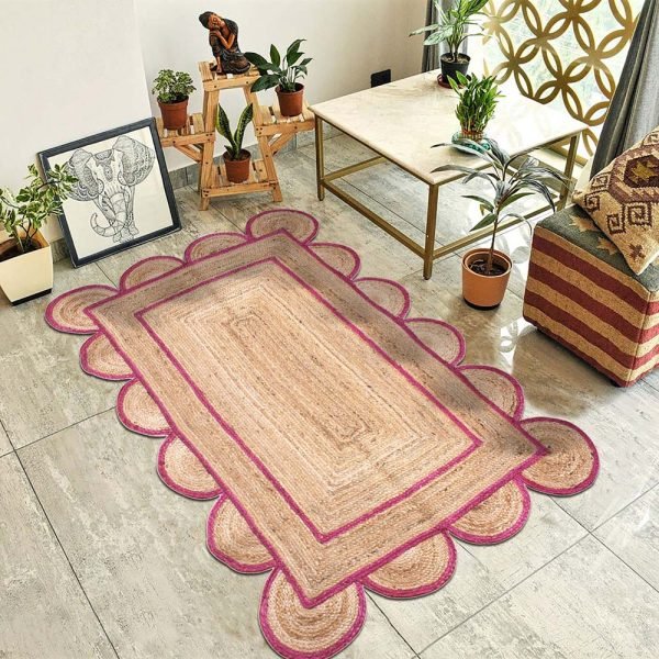 Hand Braided Scalloped Pink Border Jute Rug - Image 2