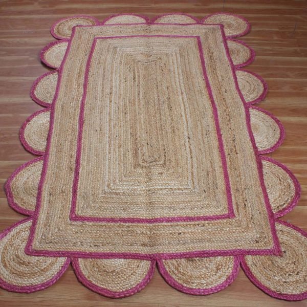 Hand Braided Scalloped Pink Border Jute Rug - Image 3