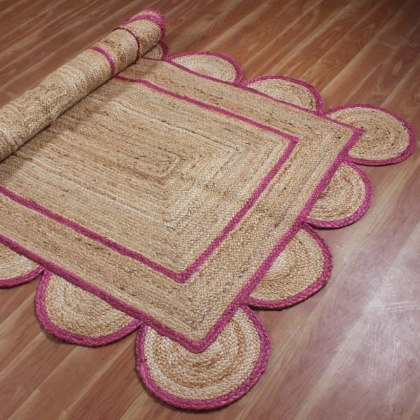 Hand Braided Scalloped Pink Border Jute Rug - Image 4