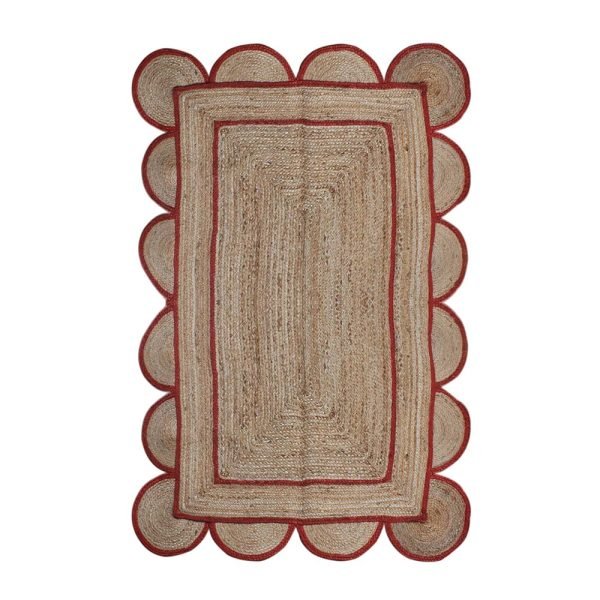 Hand Braided Scalloped Red Beige Jute Area Rug