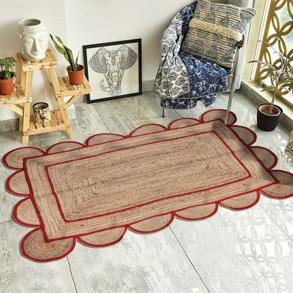Hand Braided Scalloped Red Beige Jute Area Rug - Image 2