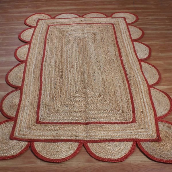 Hand Braided Scalloped Red Beige Jute Area Rug - Image 3