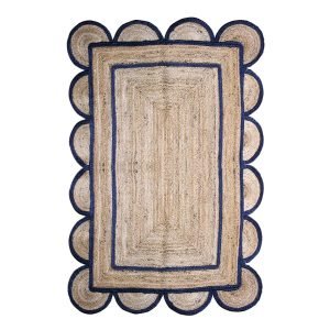 Hand Braided Scalloped Blue Beige Jute Rug