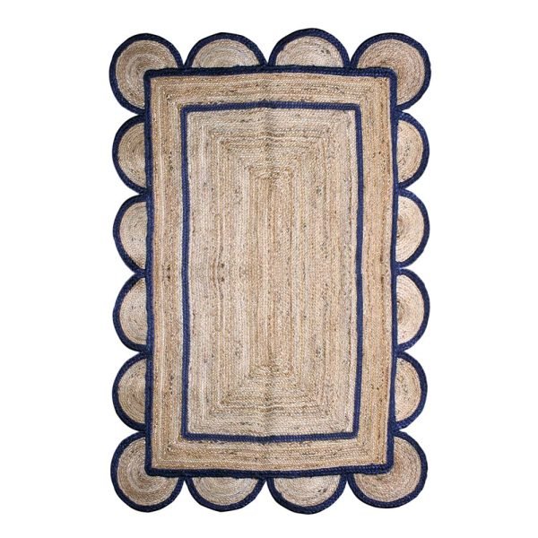 Hand Braided Scalloped Blue Beige Jute Rug