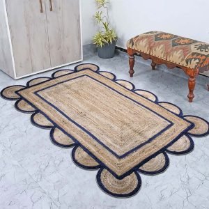 Hand Braided Scalloped Blue Beige Jute Rug