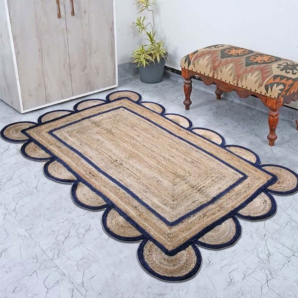 Hand Braided Scalloped Blue Beige Jute Rug - Image 2