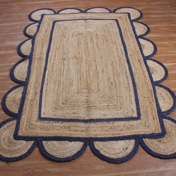 Hand Braided Scalloped Blue Beige Jute Rug - Image 3