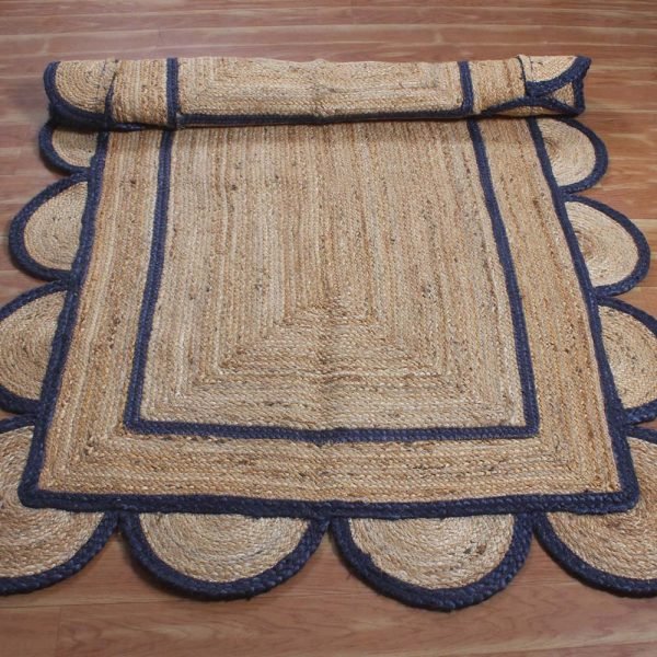 Hand Braided Scalloped Blue Beige Jute Rug - Image 4