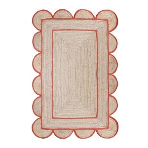 Scalloped Orange Beige Jute Hand Braided Rug