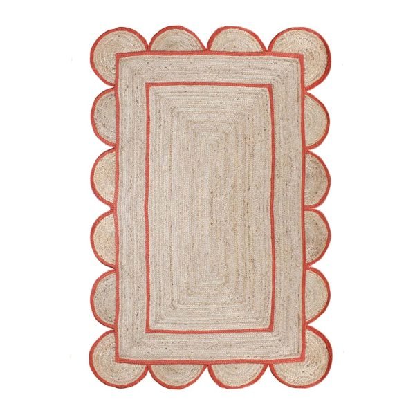 Scalloped Orange Beige Jute Hand Braided Rug