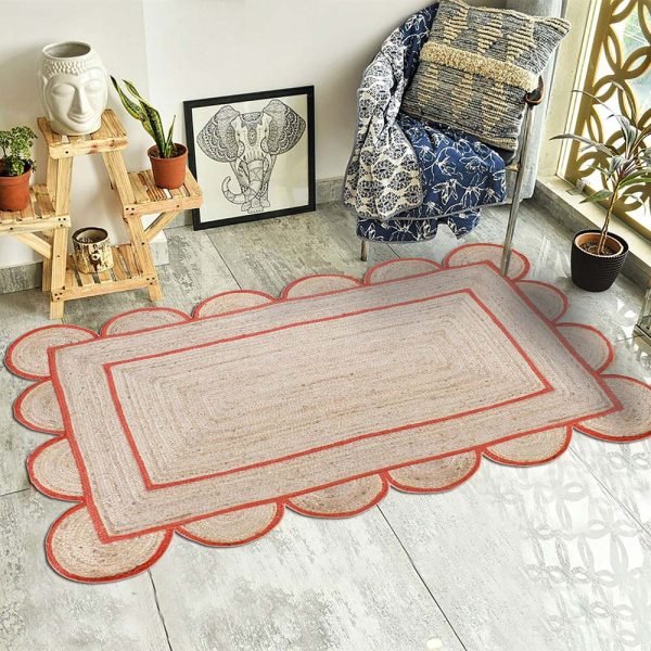 Scalloped Orange Beige Jute Hand Braided Rug - Image 2