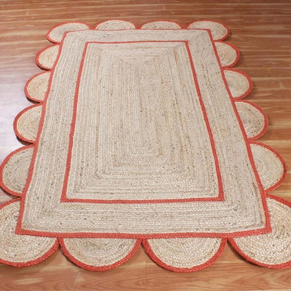 Scalloped Orange Beige Jute Hand Braided Rug - Image 3