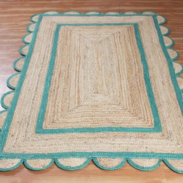 Scalloped Green Beige Jute Hand Braided Rug - Image 3
