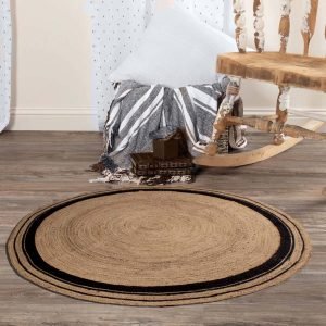 Round Black Beige Hand Braided Jute Area Rug