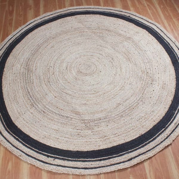 Round Black Beige Hand Braided Jute Area Rug - Image 3