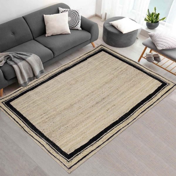 Bordered Black Beige Jute Hand Braided Rug - Image 2