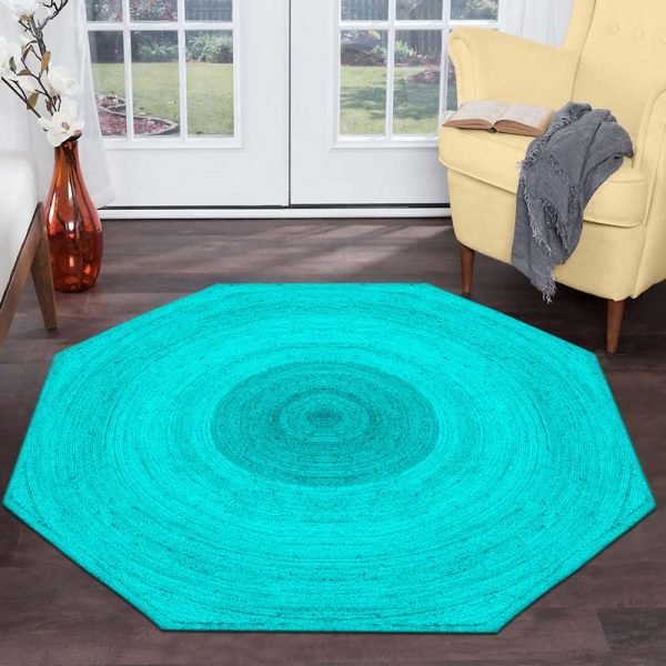 Octagonal Turquoise Blue Jute Hand Braided Rugs - Image 2