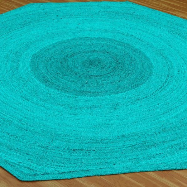 Octagonal Turquoise Blue Jute Hand Braided Rugs - Image 3
