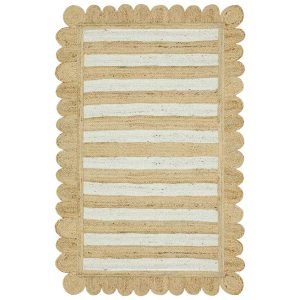 Handmade Scalloped Beige White Striped Rugs